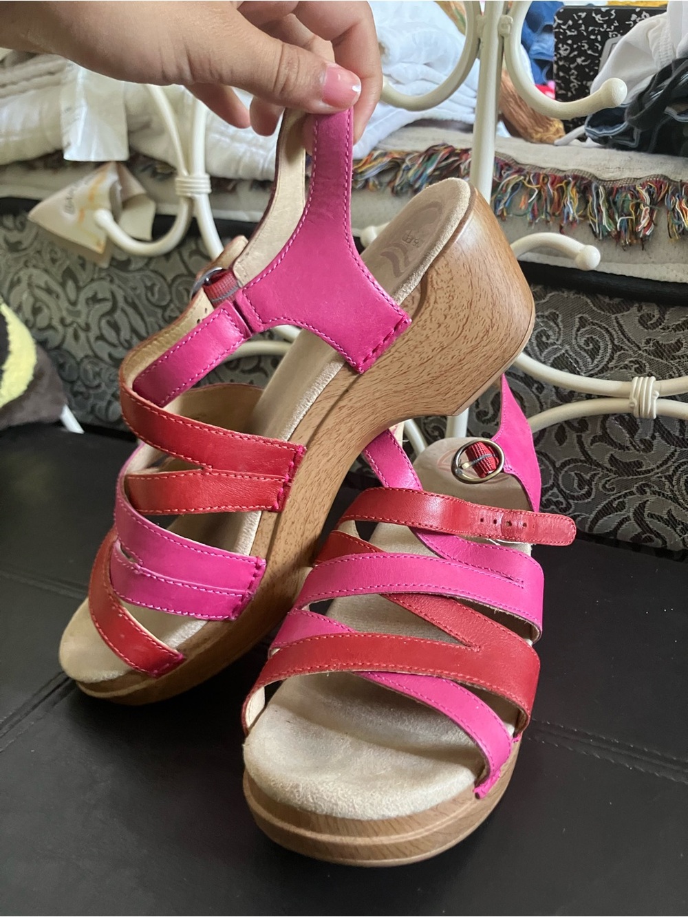 Dansko Pink and Red Two-Tone Leather Wedge Sandals - Picture 4 of 5